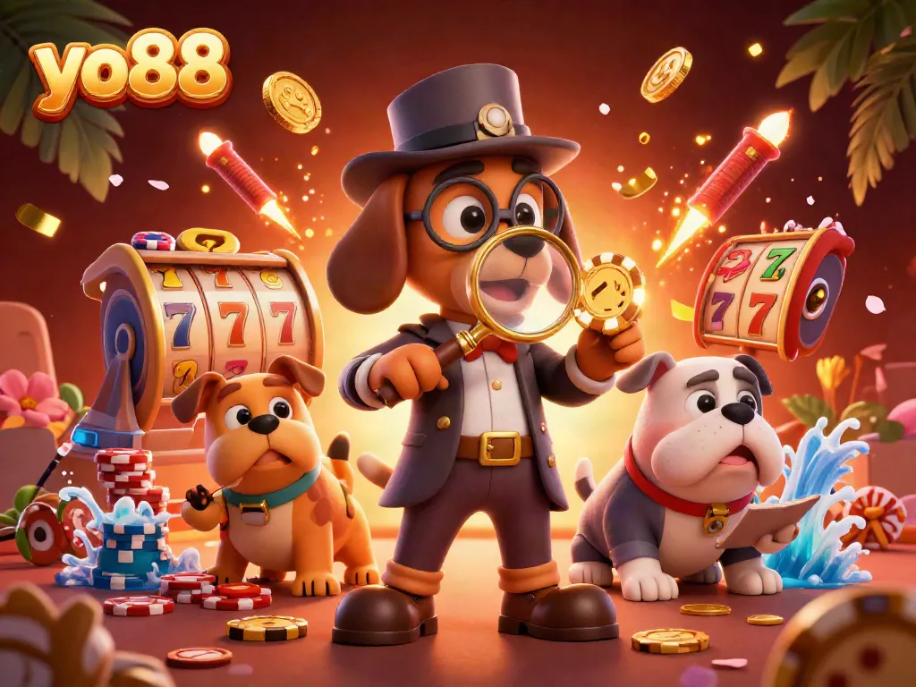 Engage with yo88's dynamic casino atmosphere featuring a 3D detective duo discovering treasures.