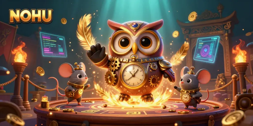 Engage in thrilling gameplay at NOHU with a vibrant 3D casino scene featuring dynamic characters and elements.