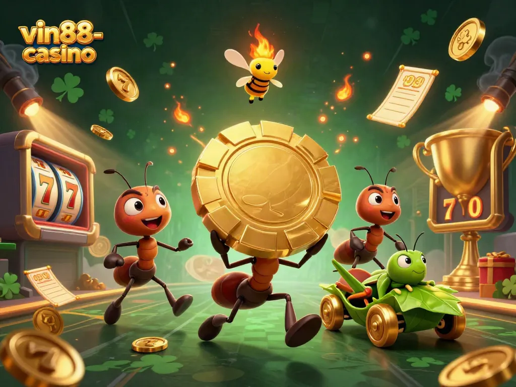 Win big with vin88-casino as 3D cartoon ants carry a giant poker chip through a dynamic casino scene.