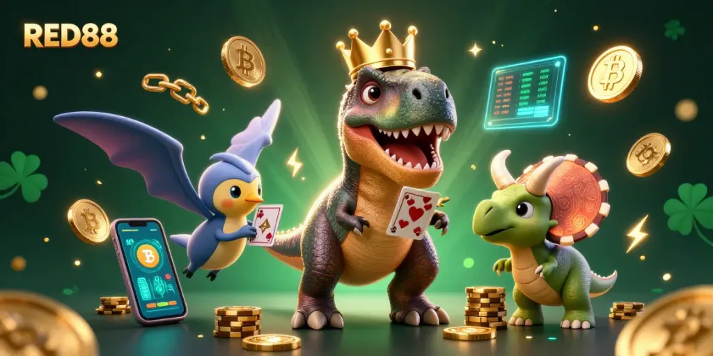 Experience thrilling gameplay at RED88 casino with vibrant characters, poker elements, and colorful 3D visuals.