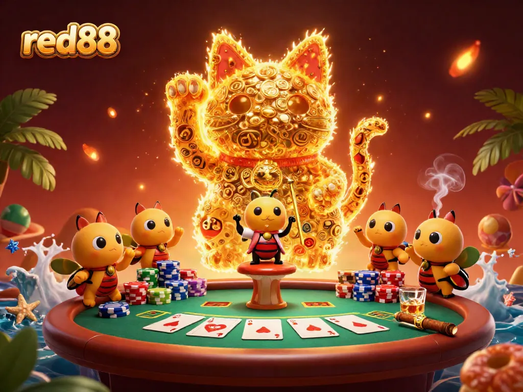 Play exciting games at red88 with vibrant symbols and a lucky cat interacting with chips and cards.