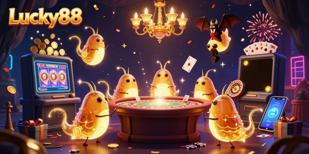 Spin to win at Lucky88 with vibrant glowworms lighting up a cave casino!