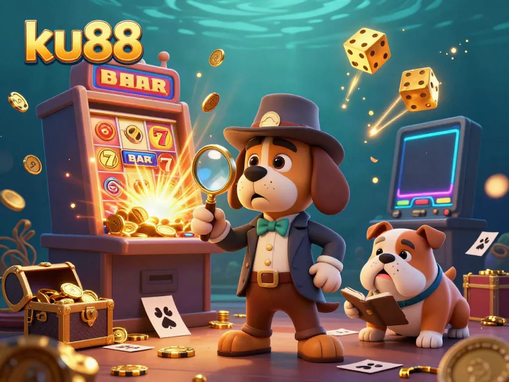 Engage in thrilling games with ku88 featuring a detective uncovering casino rewards amidst a lively scene.