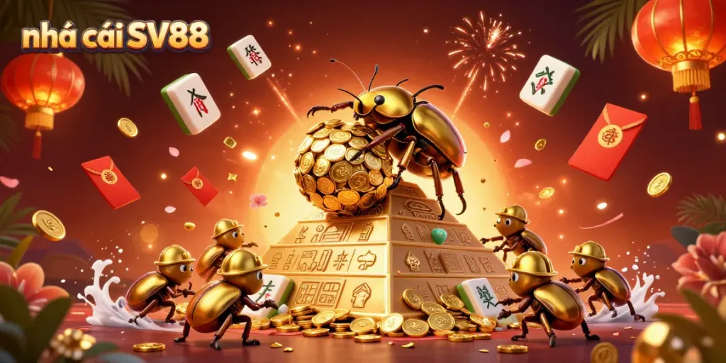 Engage with the excitement of nhà cái SV88 through this vibrant casino-themed scene filled with golden rewards.