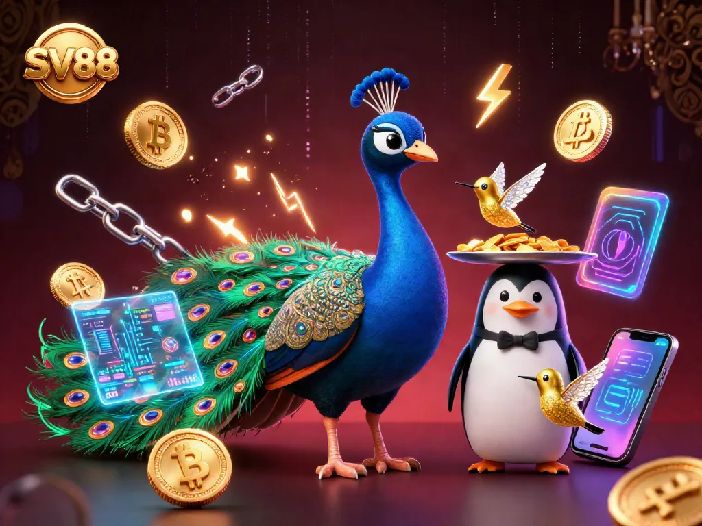 Engage with SV88's vibrant casino scene featuring a peacock, butler, and hummingbird amidst dynamic gambling elements.