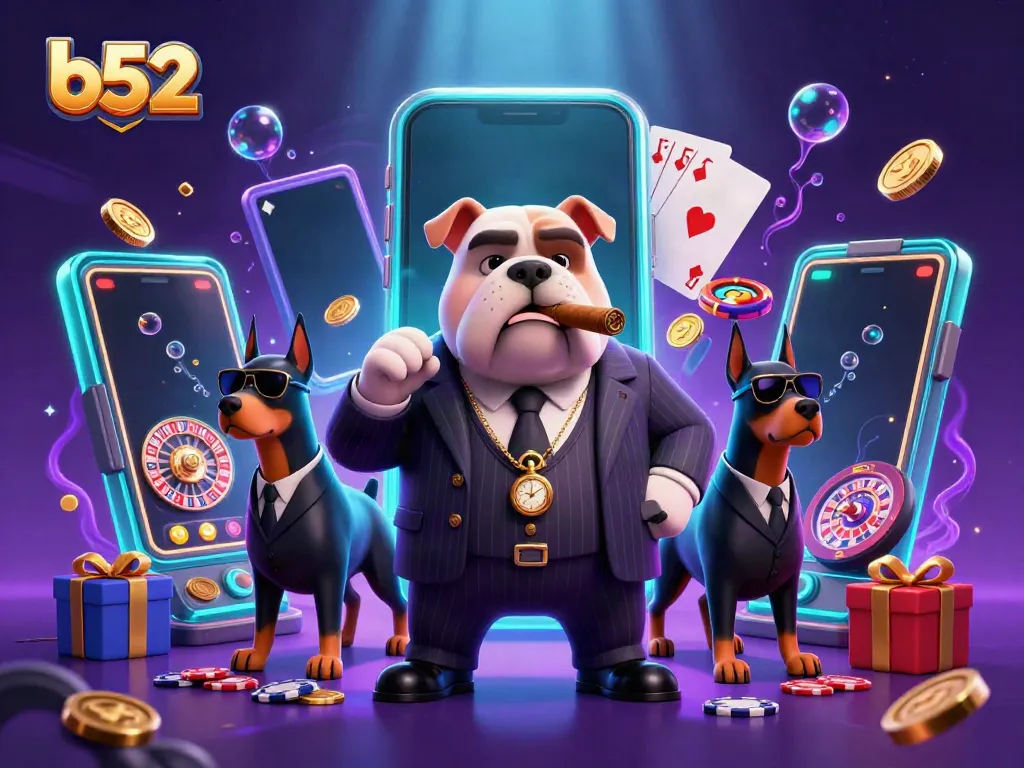 Experience the thrilling b52 gaming universe with a mafia bulldog and his Doberman bodyguards amidst vibrant casino action.