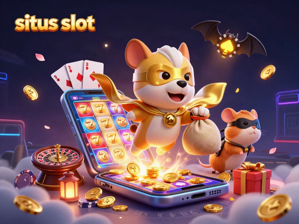Menyaksikan situs slot dengan pahlawan anjing terbang membawa koin emas dan permainan slot mengelilinginya.