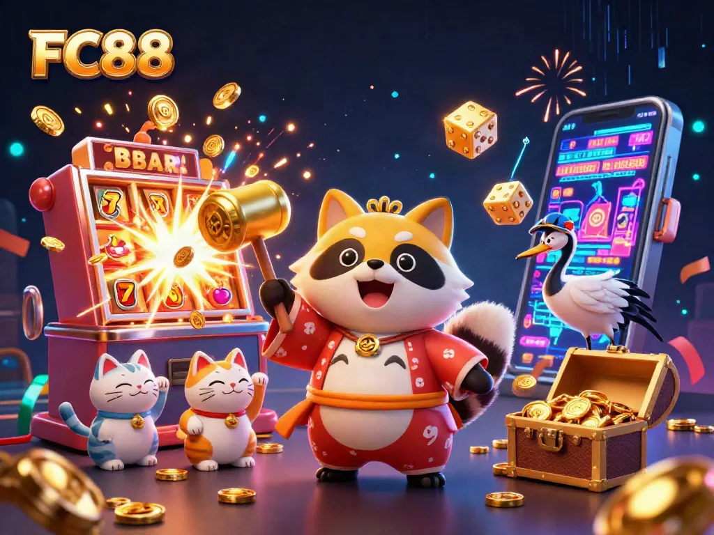 Spin your luck at FC88 Casino with a festive scene featuring cheerful characters and jackpot excitement.