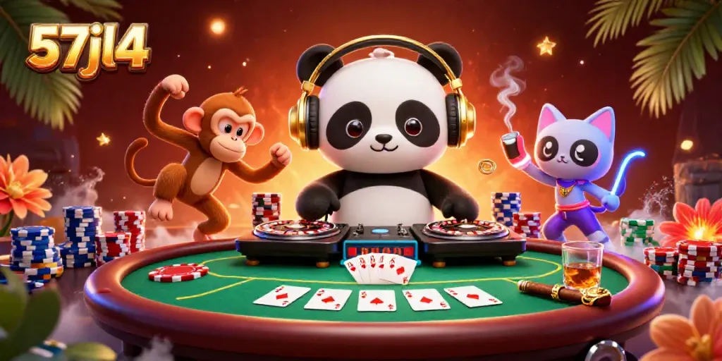 Engaging scene with DJ panda, breakdancing monkey, and rave kitten at 57jl4 casino