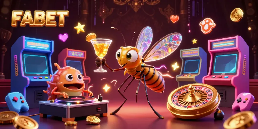 Engage with FABET's vibrant casino scene featuring characters and gaming elements in a dynamic display.