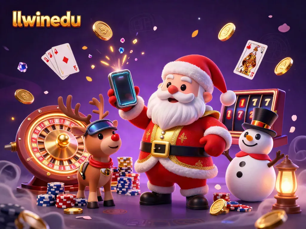 Engage with llwinedu's festive casino experience featuring cartoon characters, slots, and vibrant gems.