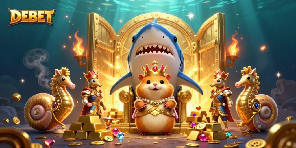 Win big at DEBET with a vibrant underwater casino scene featuring a golden hamster king and treasure!