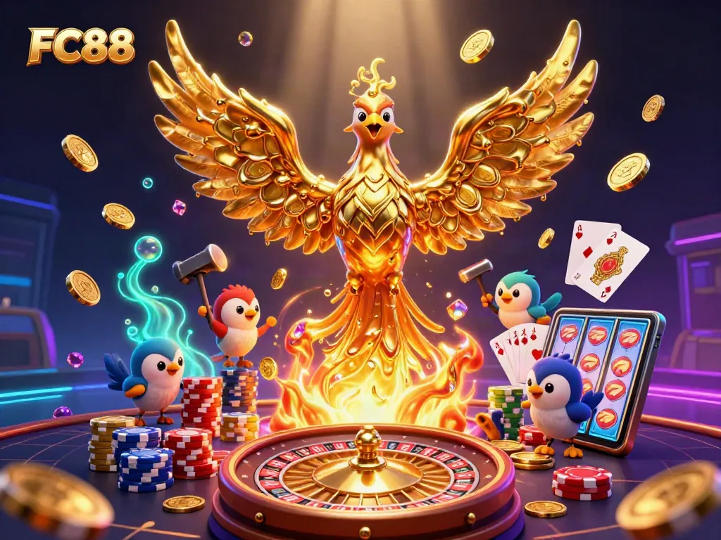 FC88 game illustration featuring a molten phoenix, coins, and live casino elements.