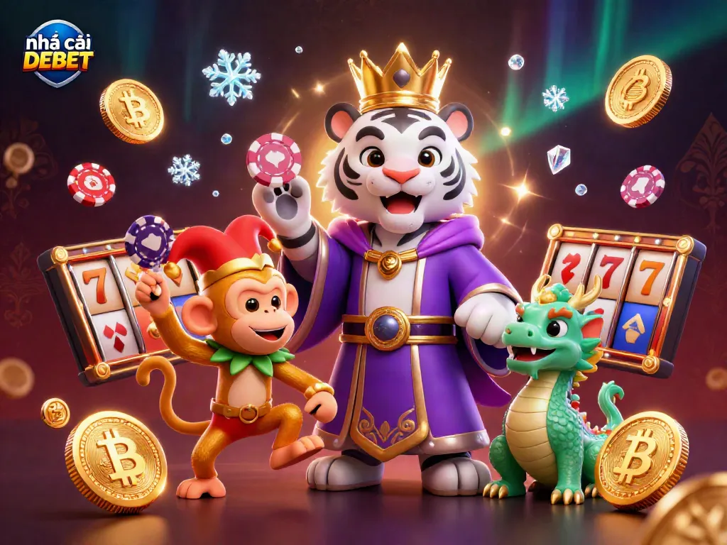 This vibrant illustration of nhà cái DEBET showcases a regal white tiger and playful monkey amidst casino gaming symbols like slot reels, illuminating the excitement of online gaming.