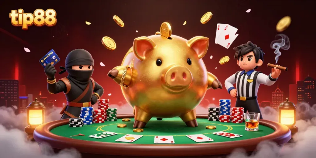 Engage with tip88's dynamic casino scene featuring a piggy bank sumo wrestler, ninja, and samurai.