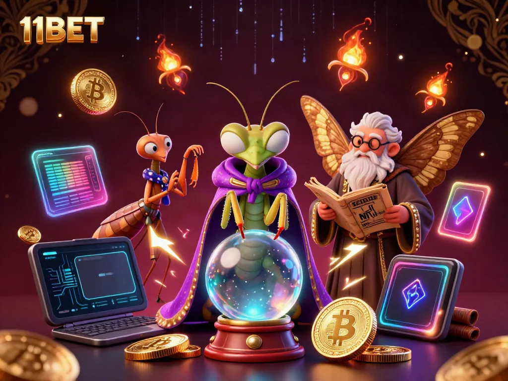 Engage in thrilling crypto gambling with 11BET, featuring mystical characters and glowing game elements.