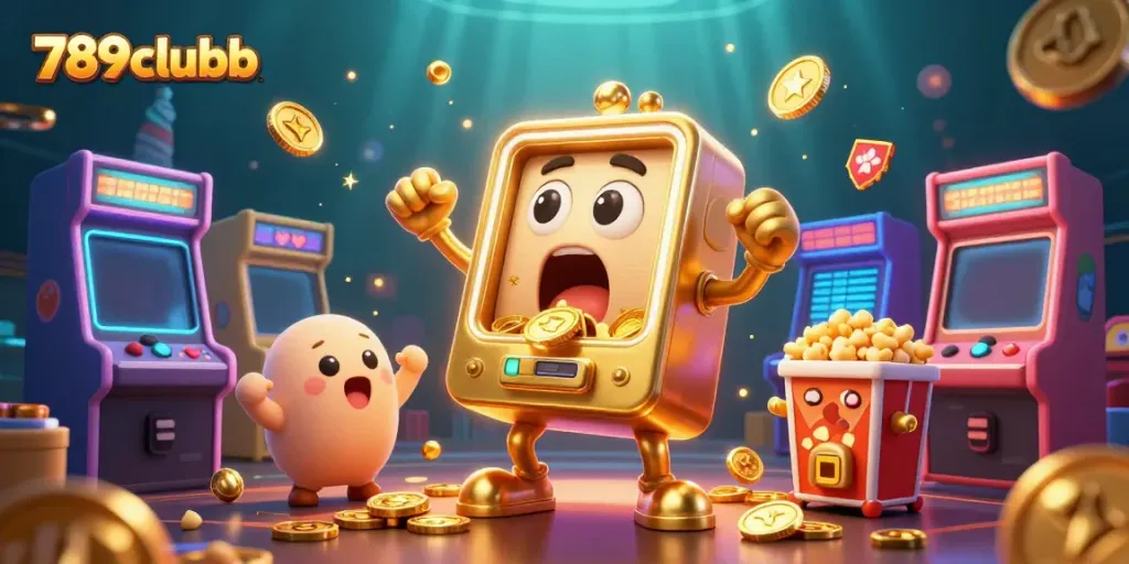 Play the thrilling slots at 789clubb as jackpot coins spill from the animated slot machine.