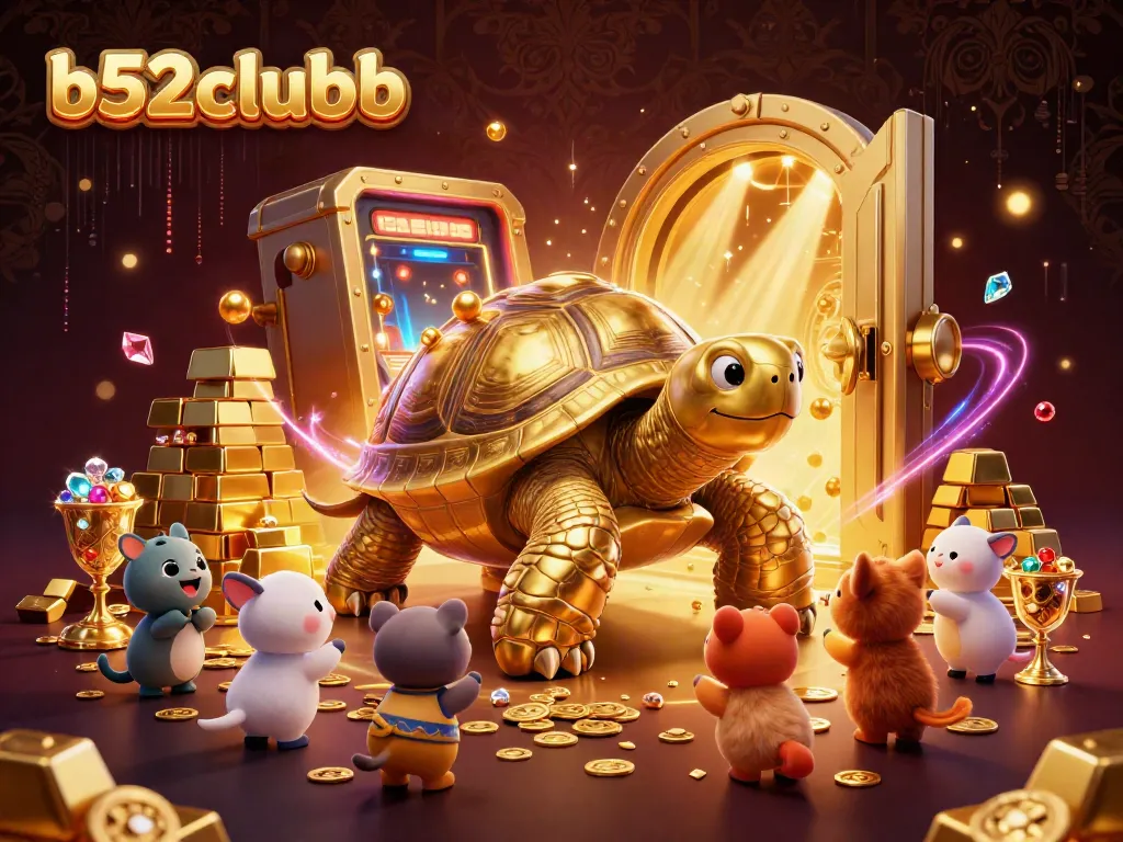 Join the excitement at b52clubb with a captivating 3D illustration of a giant tortoise playing a pinball game amid treasures.