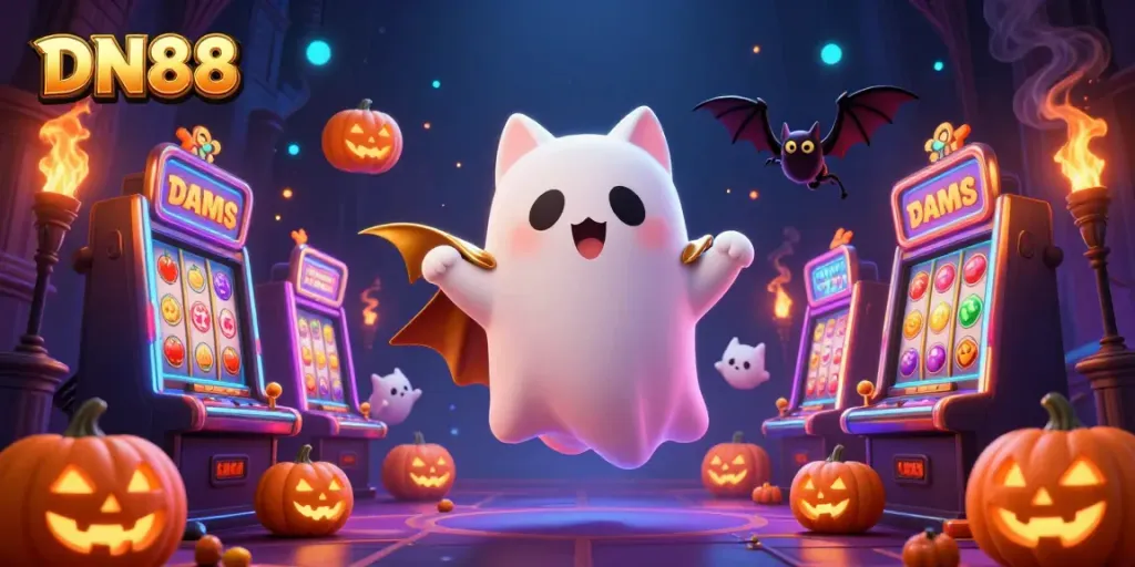 Experience thrilling slots at DN88 with a ghost cat and vampire bat in a vibrant casino.