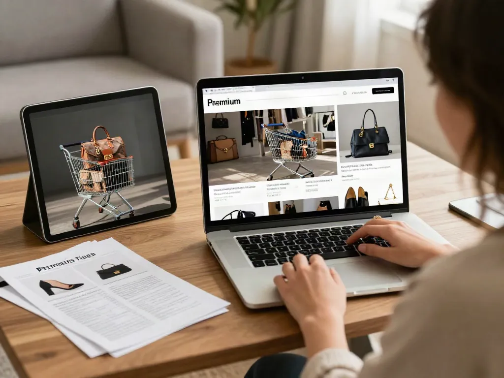 Replica Shop online shopping experience with stylish bags and shoes.