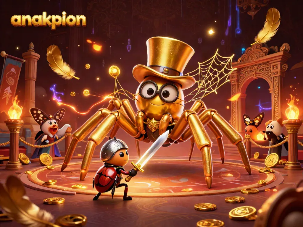 Anakpion showcases a dynamic casino scene with a golden tarantula, beetle knight, and vibrant game elements.