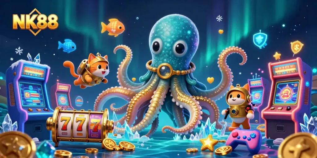 See NK88's thrilling casino adventures with a cartoon kraken and diving cat amidst vibrant slot games.