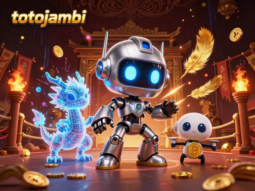 Experience the excitement of totojambi with a vibrant 3D illustration showcasing a cyberpunk robot and companions in a rich casino setting.