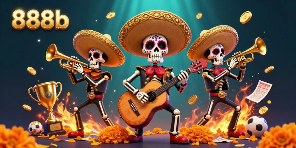 Engage with 888b's thrilling sports betting scene featuring colorful skeleton mariachi band and dynamic elements.