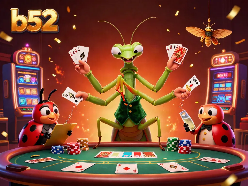 Experience thrilling action at b52 featuring a giant praying mantis dealer and vibrant casino games.