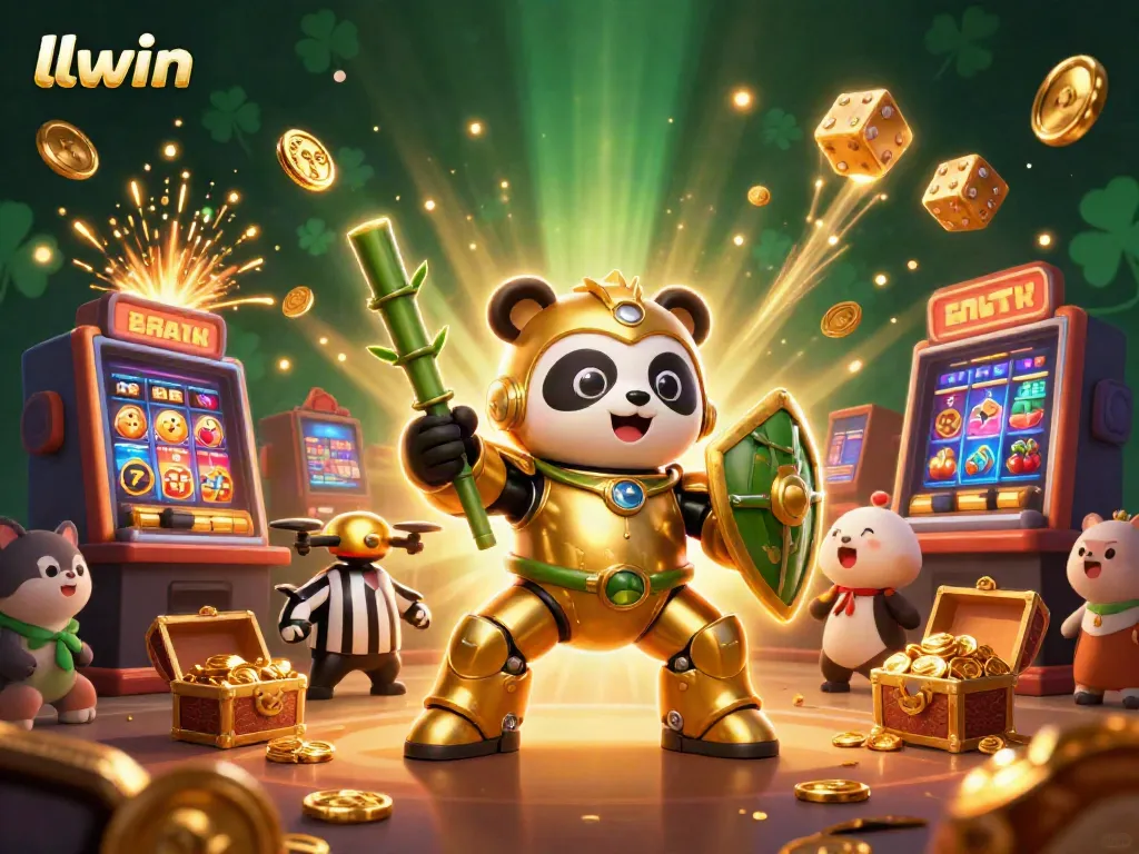 Experience the excitement of llwin through a vibrant 3D illustration of a golden panda in a mech suit, surrounded by dazzling casino elements.