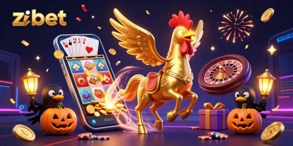 Zbet features a golden rooster in a vibrant casino scene, showcasing thrilling gameplay and winning potential.