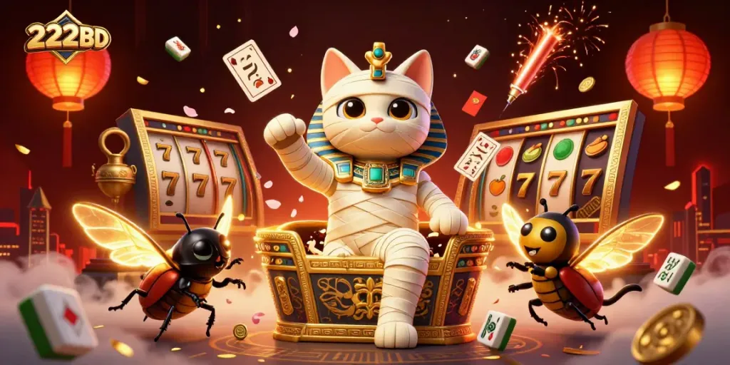 Play slots and win big with 222BD, featuring a vibrant casino scene with energetic characters and game elements.