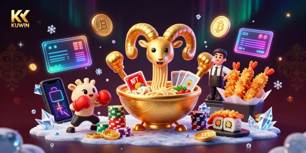 KUWIN's energetic casino scene featuring a giant golden ramen bowl dealing cards surrounded by vibrant casino elements.