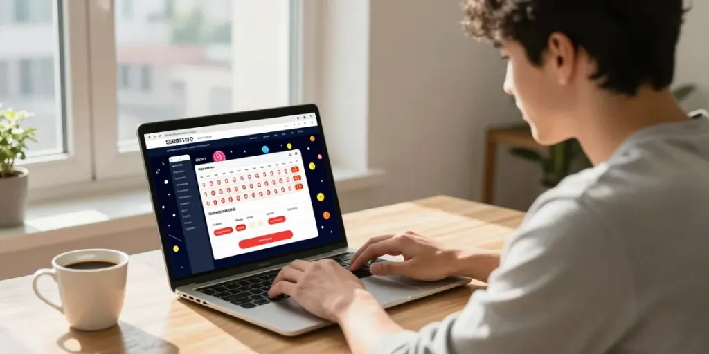 Pengguna SERIBUTOTO memeriksa informasi togel di laptop dengan suasana nyaman.