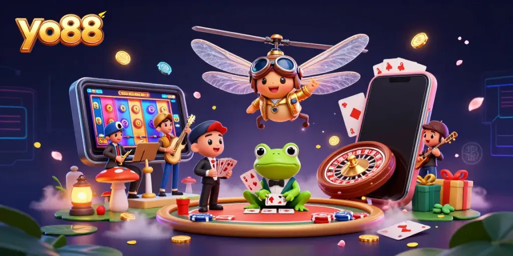 Experience the excitement of yo88's vibrant casino atmosphere with captivating game elements.