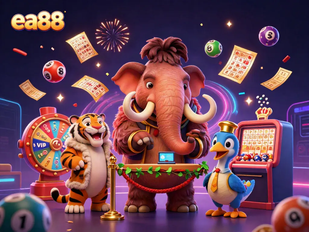 Engage with the vibrant world of ea88, featuring a woolly mammoth bouncer and a saber-tooth tiger in a casino setting.