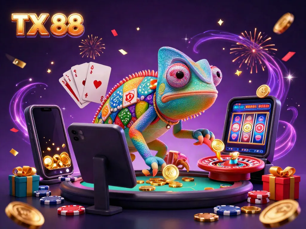 Engage with the exciting TX 88 casino, featuring a colorful chameleon owner amidst dynamic gaming elements.