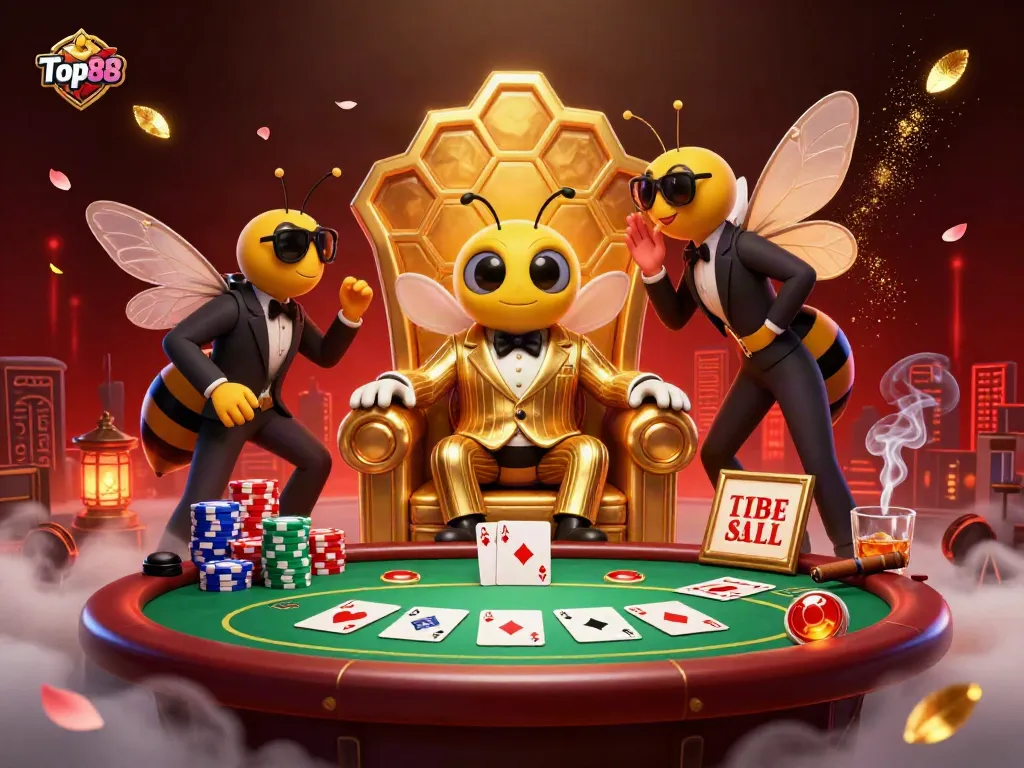 Engage with Top88's vibrant casino scene featuring a bumblebee mob boss and poker elements.