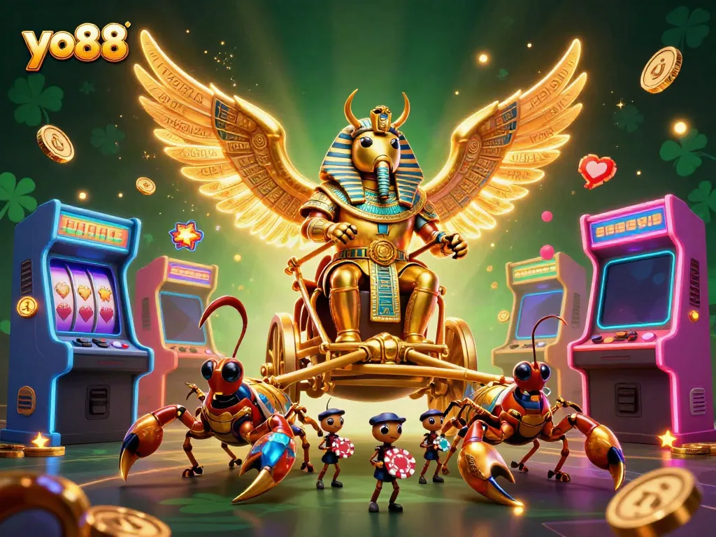 Experience thrilling games at yo88 with a dynamic illustration of colorful casino elements and characters.