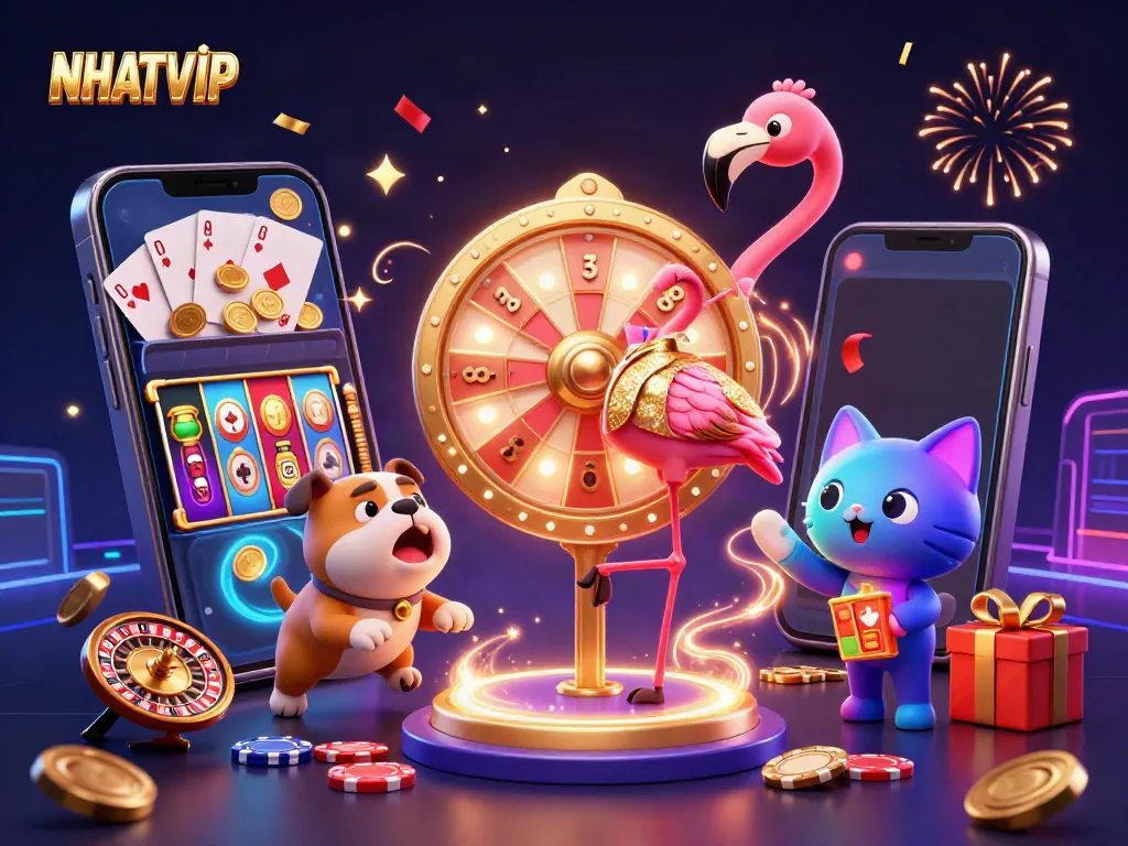 Spin and win with NHATVIP, as a flamingo host and bulldog contestant celebrate jackpots in vibrant gaming excitement.