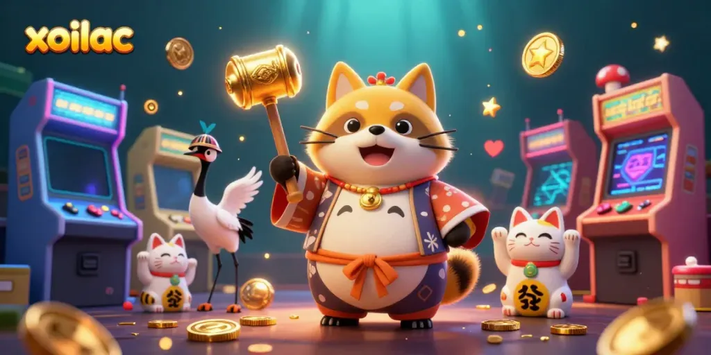 Experience the energetic casino vibes with the xoilac themed illustration featuring a cheerful tanuki amidst colorful gaming elements.