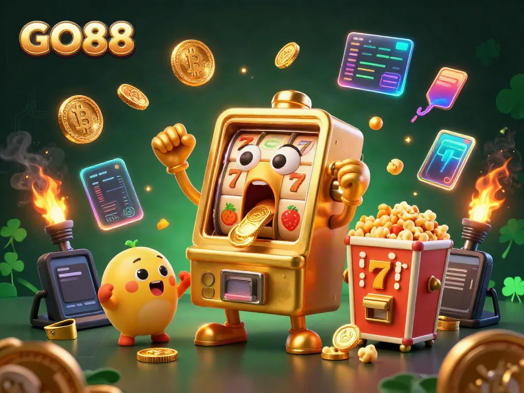 GO88 themed illustration showcasing a lucky slot machine winning a jackpot with animated coins.