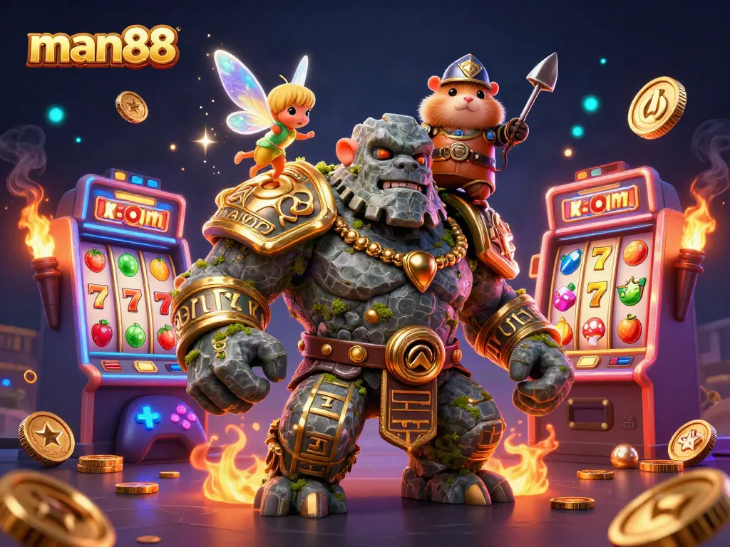 Enjoy the magic of man88 at this vibrant casino scene with golem guardian and fairy companion.