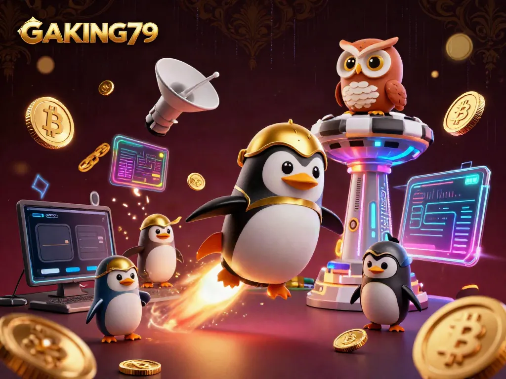 Experience the thrill of GAKING79 with a vibrant 3D scene featuring a golden penguin and casino space station.