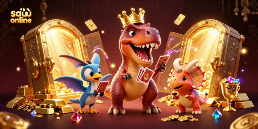 Engage with soi cầu online through a vibrant 3D scene of playful dinosaurs embracing casino elements.