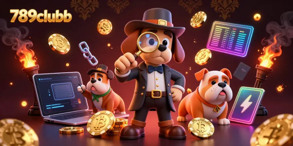 Explore the rich gaming world of 789clubb with a detective and dog uncovering clues in a vibrant casino scene.