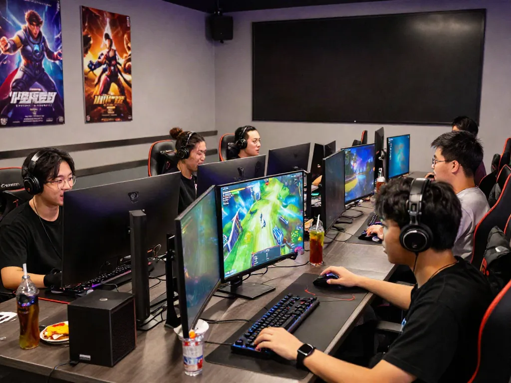 Kilat404 gamers enjoying an immersive experience in a modern gaming lounge with vibrant game graphics.