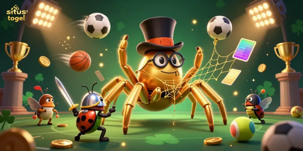 Engage with situs togel as a golden tarantula and beetle knight collide in this vibrant casino-themed scene.
