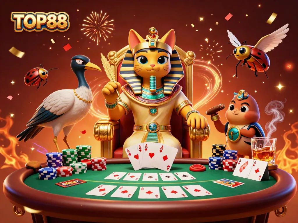 TOP88 casino scene with a pharaoh cat and scribe surrounded by poker elements and festive decorations.