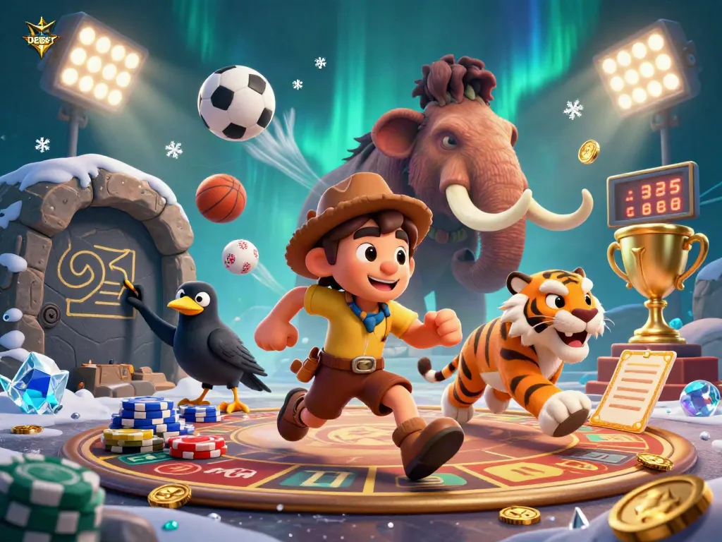 Engage in the exciting world of DEBET sports betting with a lively prehistoric casino scene featuring a caveman and sabertooth tiger.